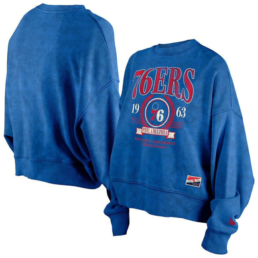 New Era - Philadelphia 76ers Women's Throwback Vintage Enzyme Wash Oversized Boxy Pullover Sweatshirt - Royal
