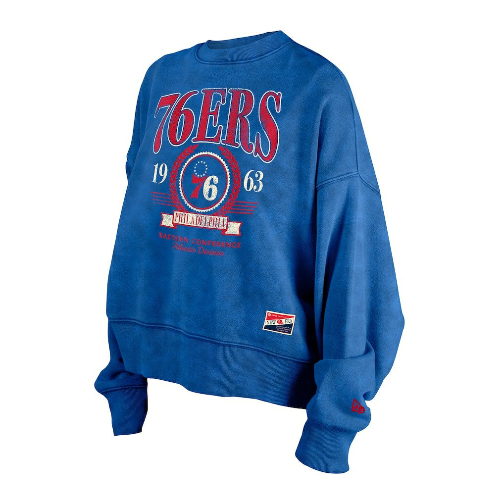New Era - Philadelphia 76ers Women's Throwback Vintage Enzyme Wash Oversized Boxy Pullover Sweatshirt - Royal