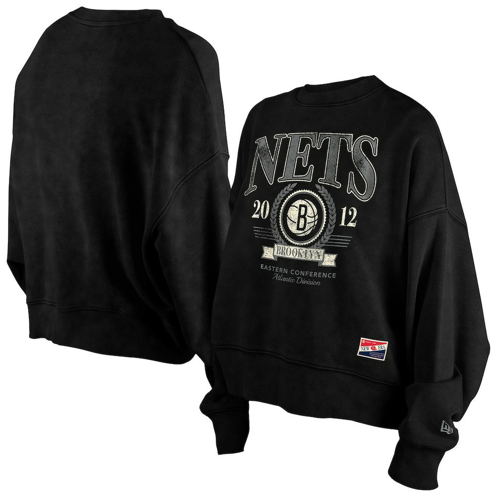 New Era - Brooklyn Nets Women's Throwback Vintage Enzyme Wash Oversized Boxy Pullover Sweatshirt - Black