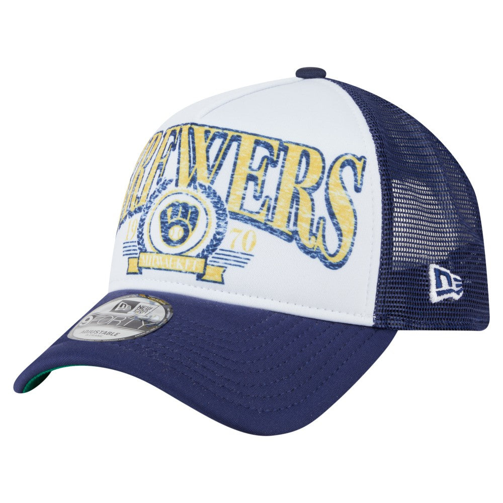 Milwaukee Brewers New Era Distressed 9FORTY A-Frame Adjustable Trucker Hat discount