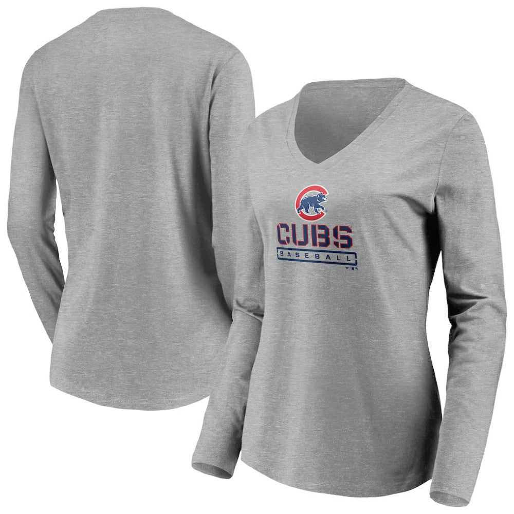 Chicago Cubs Women's Evanston Stencil Long Sleeve V-Neck T-Shirt Lifestyle