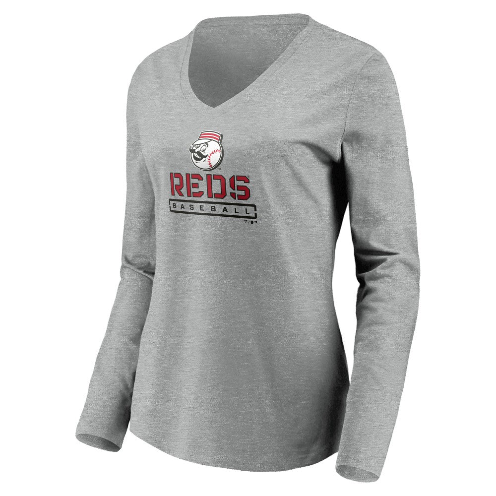 Cincinnati Reds Women's Evanston Stencil Long Sleeve V-Neck T-Shirt Clearance