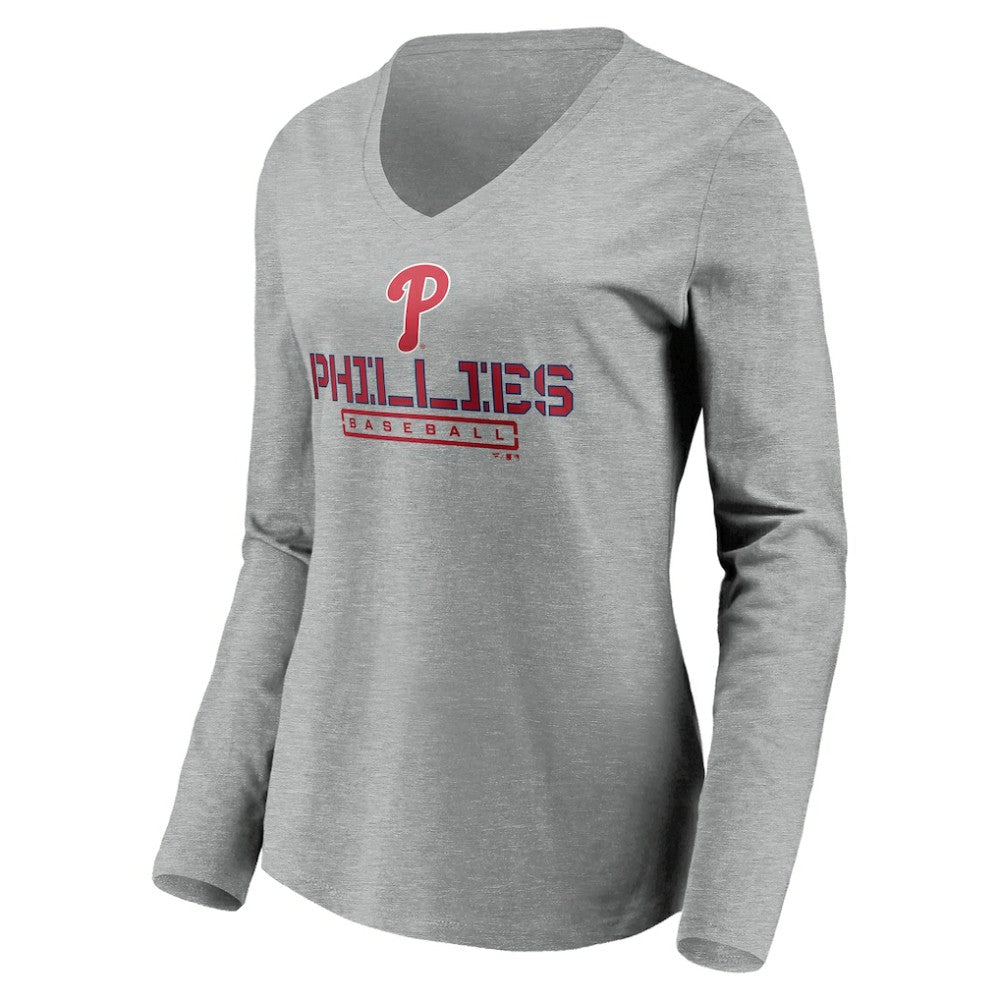 Philadelphia Phillies Women's Evanston Stencil Long Sleeve V-Neck T-Shirt Near Me