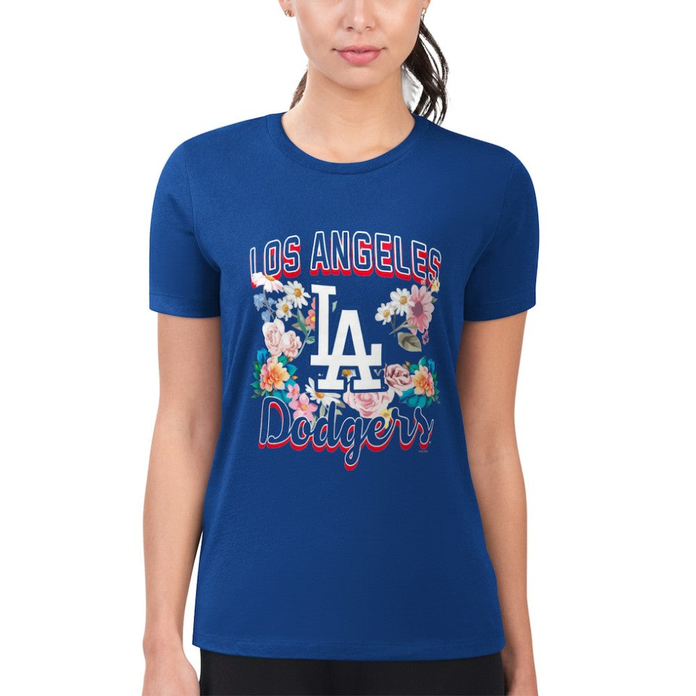 Los Angeles Dodgers G-III 4Her by Carl Banks Women's Super-Slim Fit Lightweight Flowers Graphic T-Shirt On Sale
