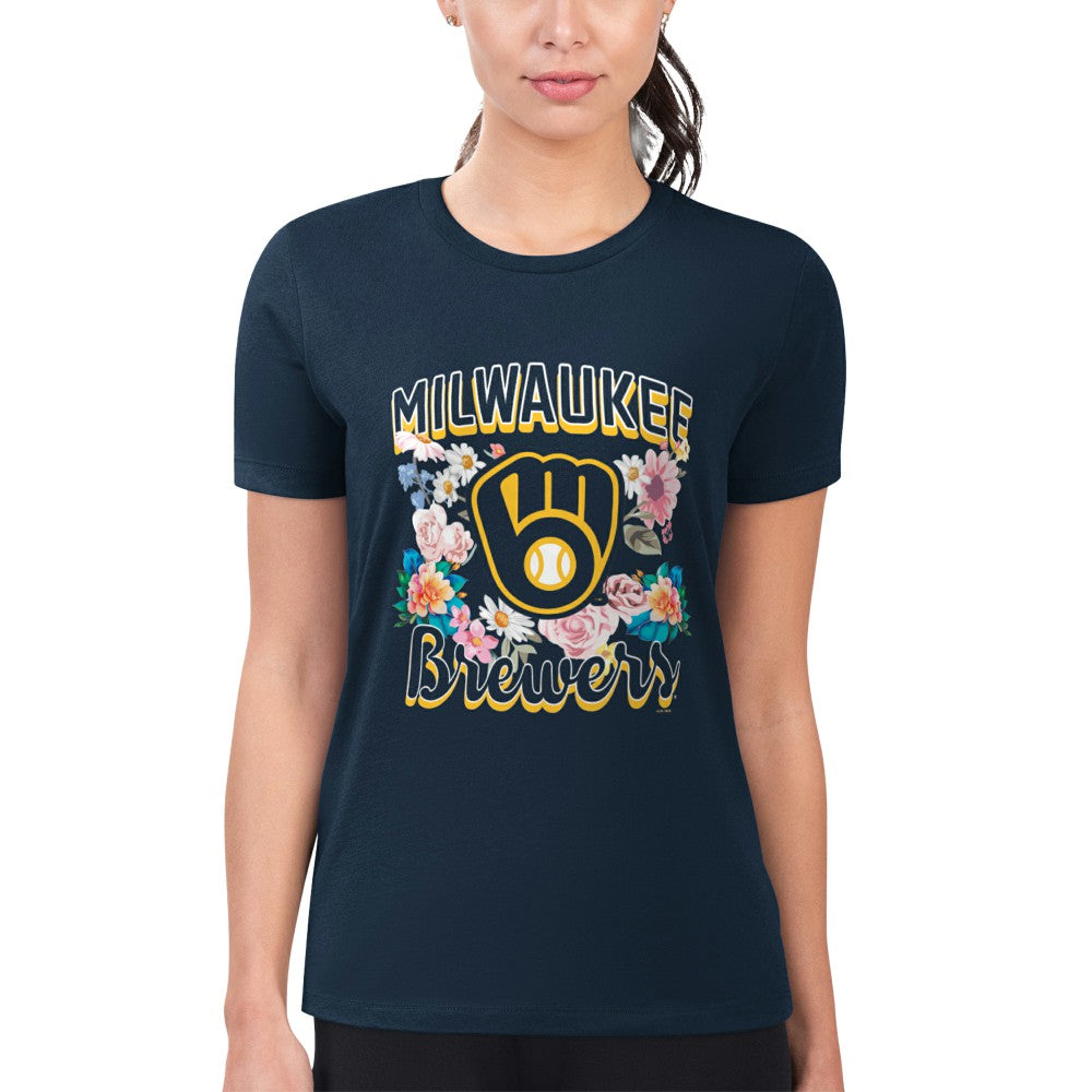 Milwaukee Brewers G-III 4Her by Carl Banks Women's Super-Slim Fit Lightweight Flowers Graphic T-Shirt Clearance