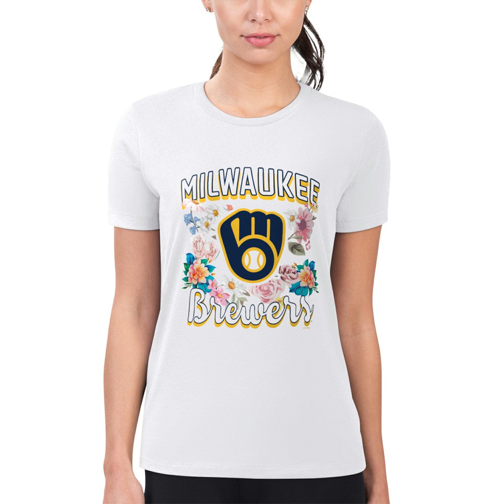 Milwaukee Brewers G-III 4Her by Carl Banks Women's Super-Slim Fit Lightweight Flowers Graphic T-Shirt Clearance