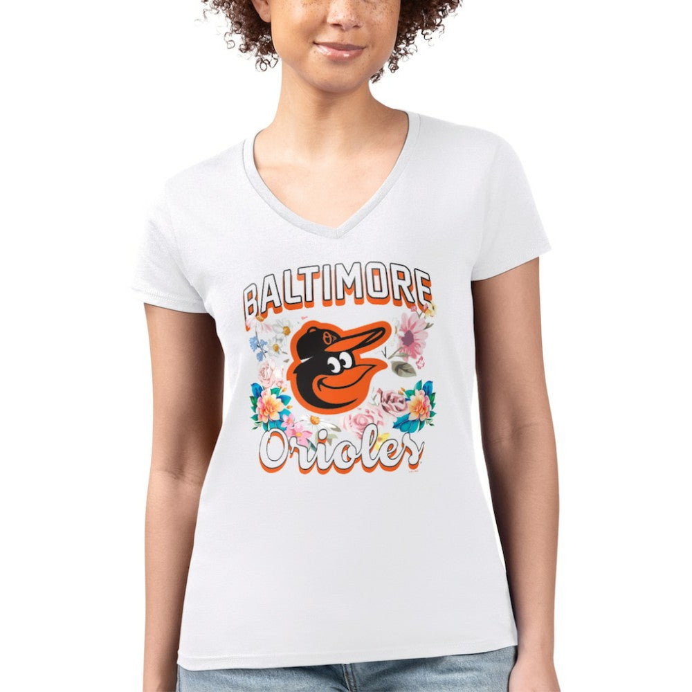 Baltimore Orioles G-III 4Her by Carl Banks Women's Super-Slim Fit Lightweight Flowers Graphic V-Neck T-Shirt On Sale