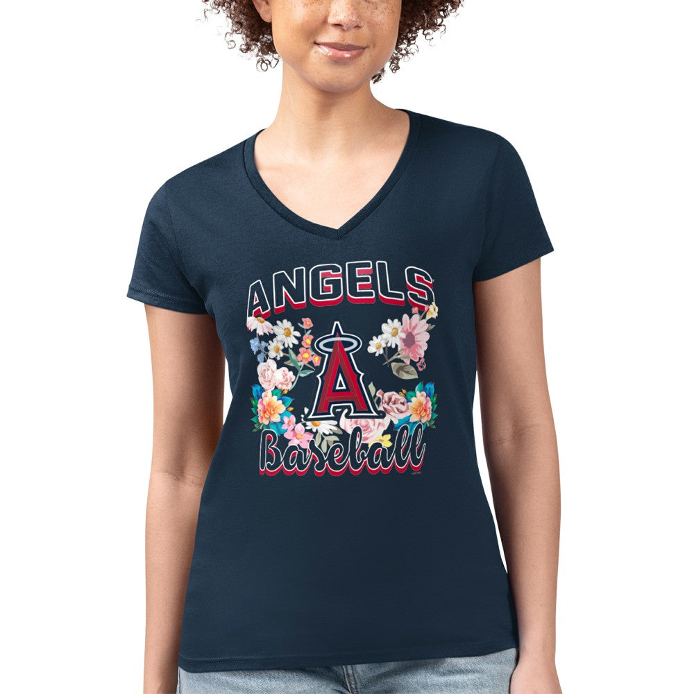 Los Angeles Angels G-III 4Her by Carl Banks Women's Super-Slim Fit Lightweight Flowers Graphic V-Neck T-Shirt Clearance