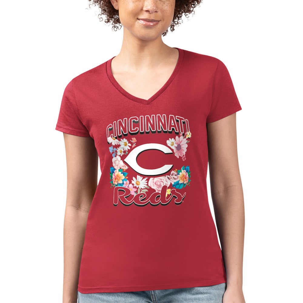 Cincinnati Reds G-III 4Her by Carl Banks Women's Super-Slim Fit Lightweight Flowers Graphic V-Neck T-Shirt Lifestyle