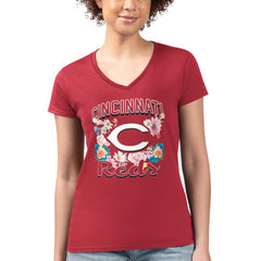 Cincinnati Reds G-III 4Her by Carl Banks Women's Super-Slim Fit Lightweight Flowers Graphic V-Neck T-Shirt Lifestyle