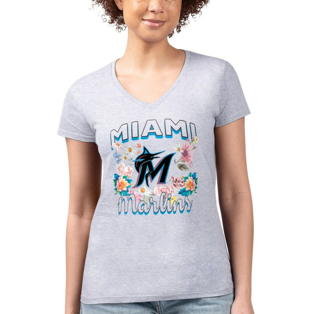 Miami Marlins G-III 4Her by Carl Banks Women's Super-Slim Fit Lightweight Flowers Graphic V-Neck T-Shirt Lifestyle