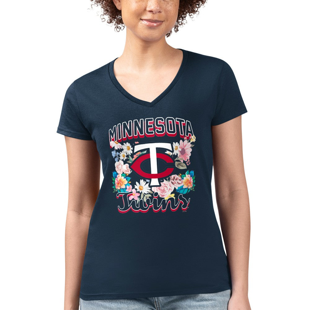 Minnesota Twins G-III 4Her by Carl Banks Women's Super-Slim Fit Lightweight Flowers Graphic V-Neck T-Shirt Clearance