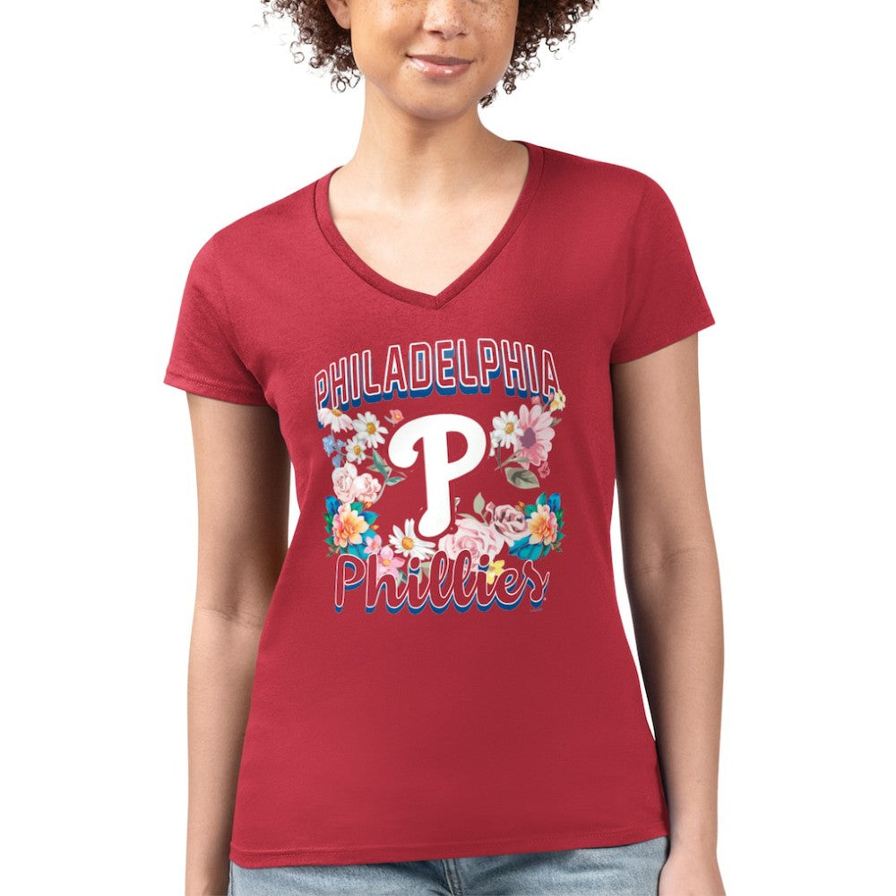 Philadelphia Phillies G-III 4Her by Carl Banks Women's Super-Slim Fit Lightweight Flowers Graphic V-Neck T-Shirt On Sale