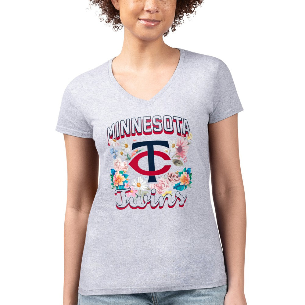 Minnesota Twins G-III 4Her by Carl Banks Women's Super-Slim Fit Lightweight Flowers Graphic V-Neck T-Shirt On Sale