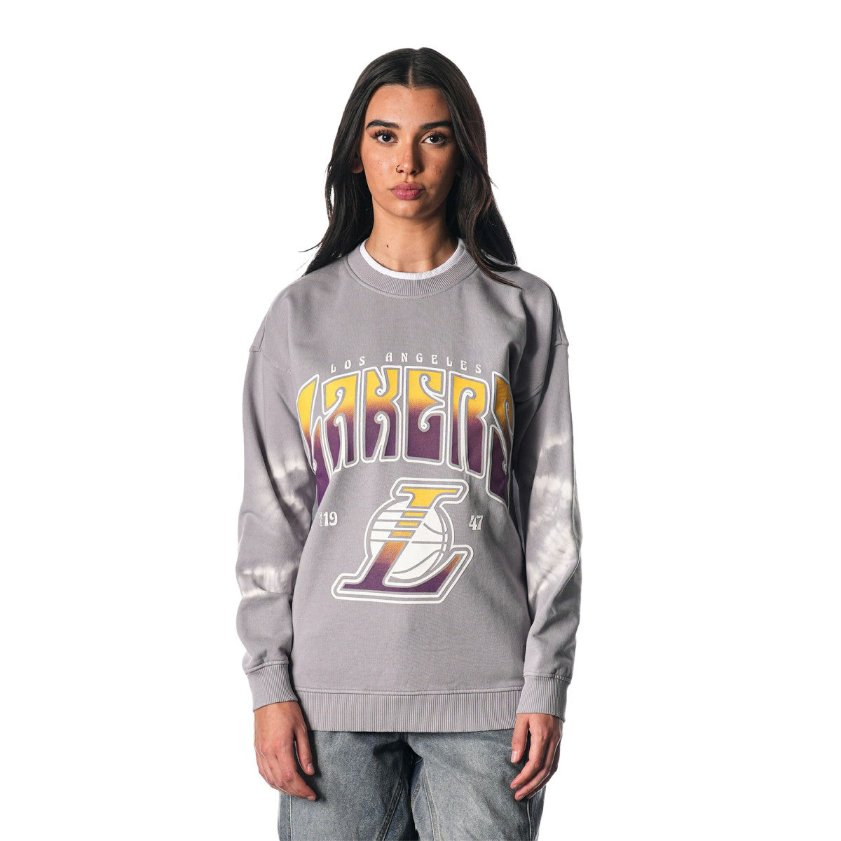 NBA - Los Angeles Lakers The Wild Collective Women's Bleached Tie-Dye Pullover Sweatshirt - Heather Gray