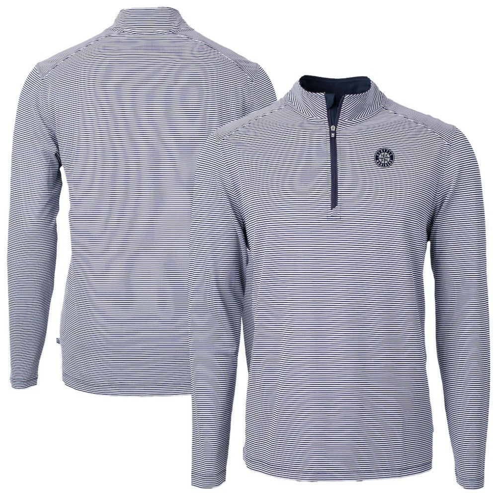 Seattle Mariners Cutter & Buck Virtue Eco Pique Micro Stripe Quarter-Zip Jacket Lifestyle