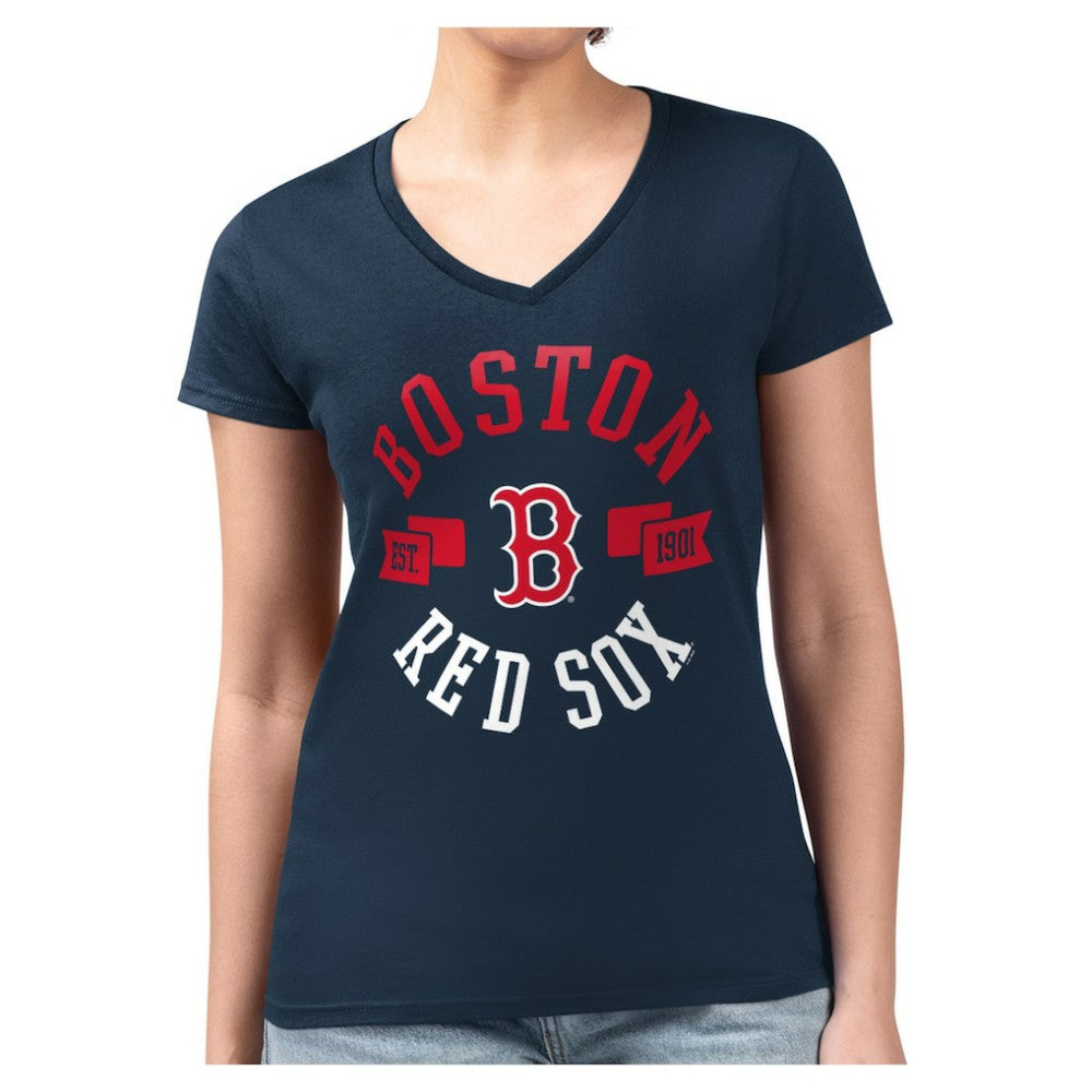 Boston Red Sox G-III 4Her by Carl Banks Women's Super-Slim Fit Lightweight Collage Team Graphic V-Neck T-Shirt Clearance