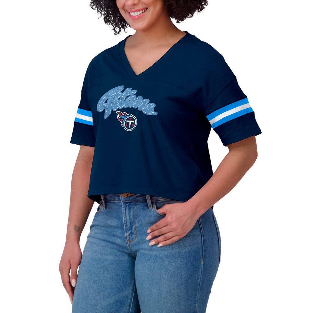 Tennessee Titans WEAR by Erin Andrews Women's Plus Size Color Block Boxy T-Shirt Navy/White - NFL