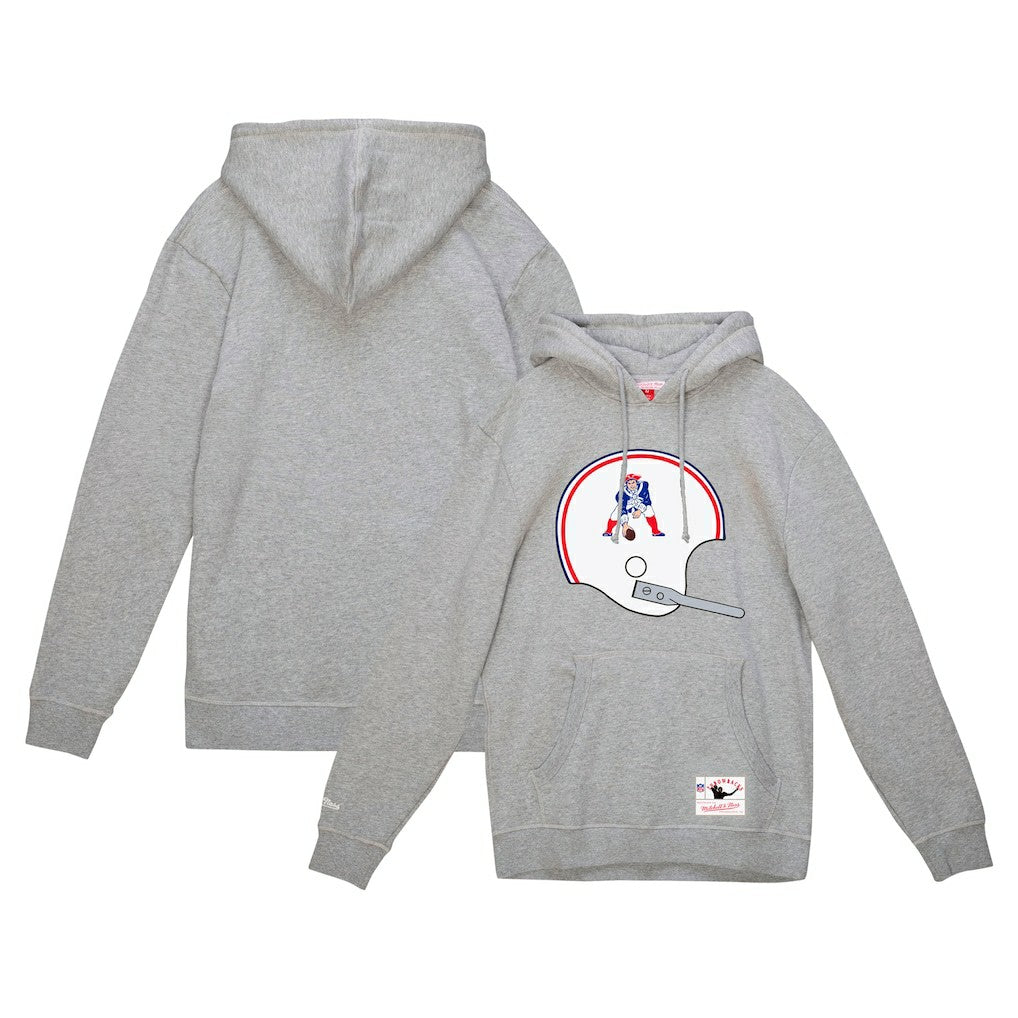 New England Patriots Helmet Logo Vintage Pullover Hoodie Heather Gray - Mitchell & Ness