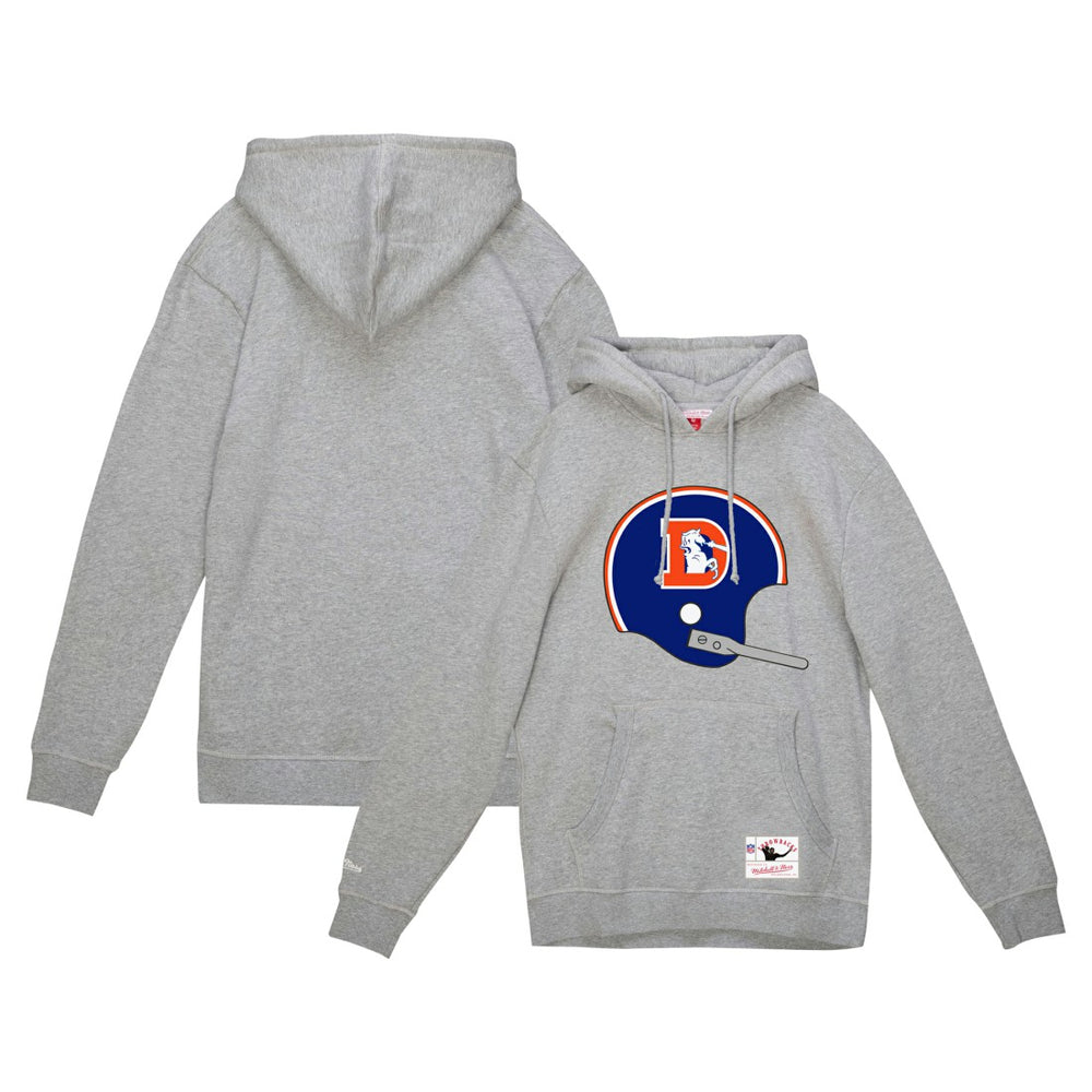Denver Broncos Helmet Logo Vintage Pullover Hoodie Heather Gray - Mitchell & Ness