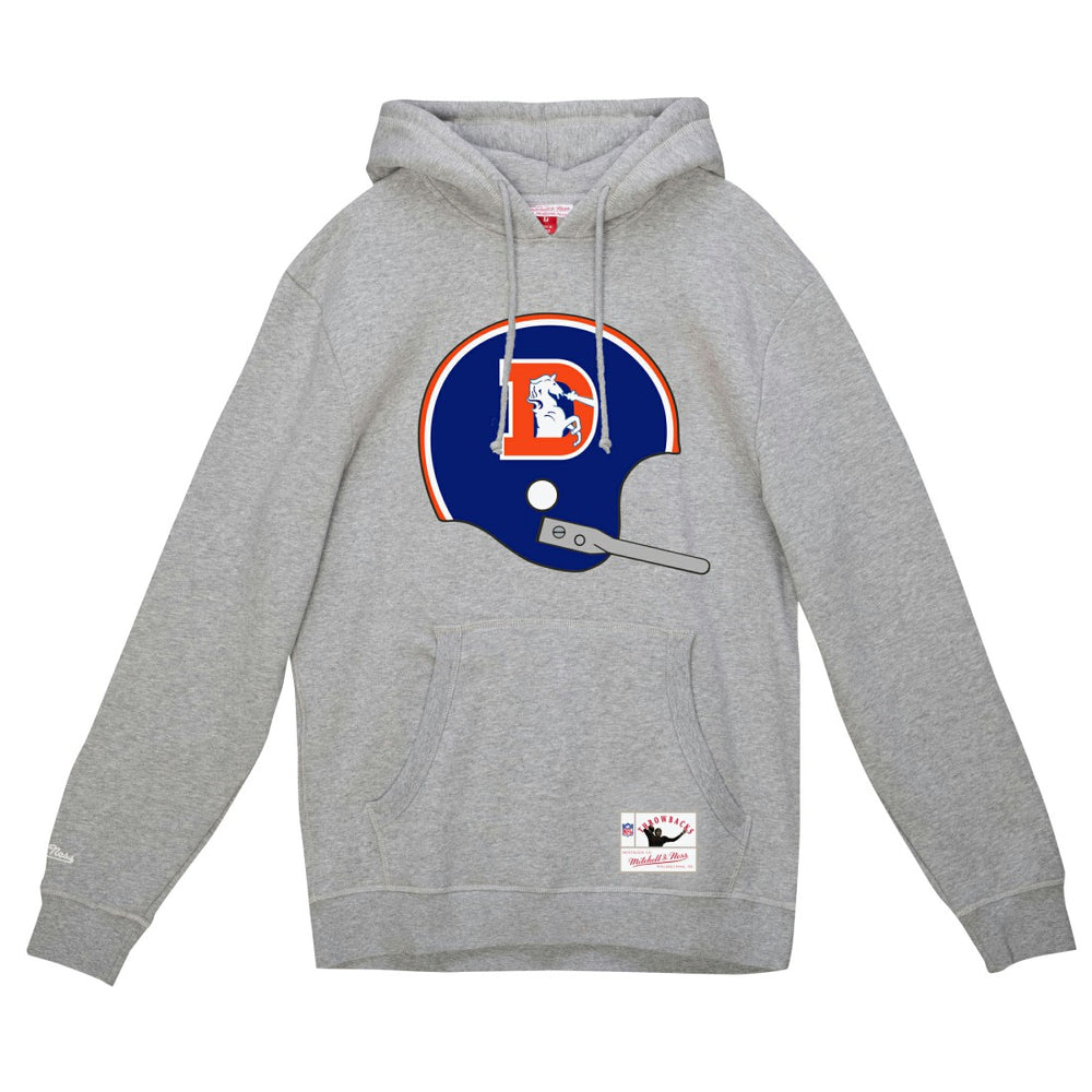 Denver Broncos Helmet Logo Vintage Pullover Hoodie Heather Gray - Mitchell & Ness