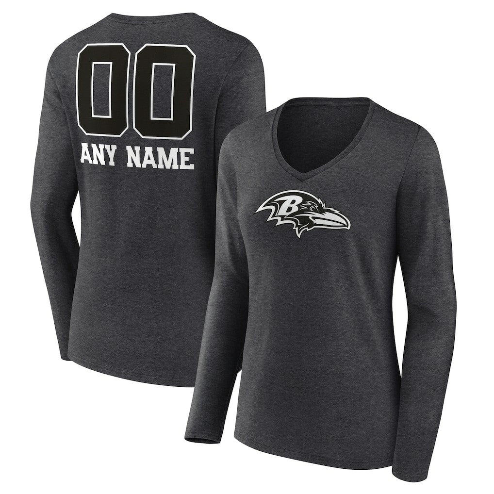 Baltimore Ravens Women's Personalized Name & Number Monochrome V-neck T-Shirt Charcoal - NFL