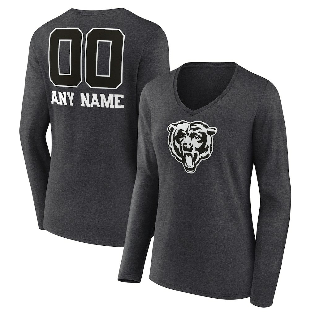Chicago Bears Women's Personalized Name & Number Monochrome V-neck T-Shirt Charcoal - NFL
