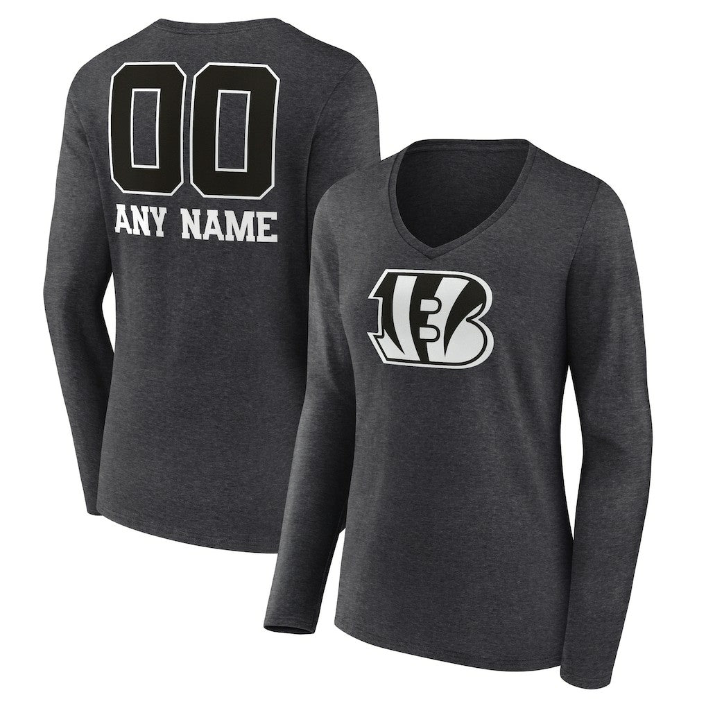 Cincinnati Bengals Women's Personalized Name & Number Monochrome V-neck T-Shirt Charcoal - NFL