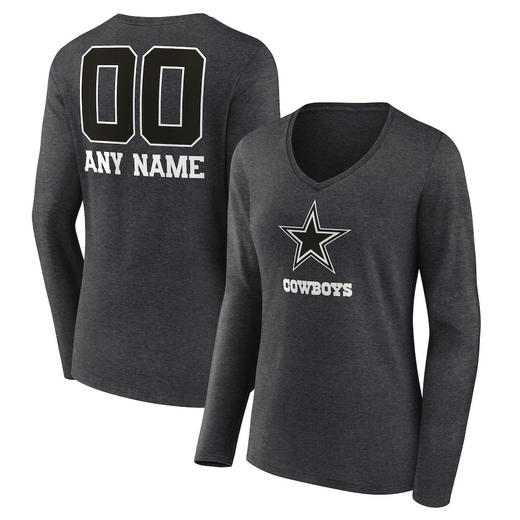 Dallas Cowboys Women's Personalized Name & Number Monochrome V-neck T-Shirt Charcoal - NFL