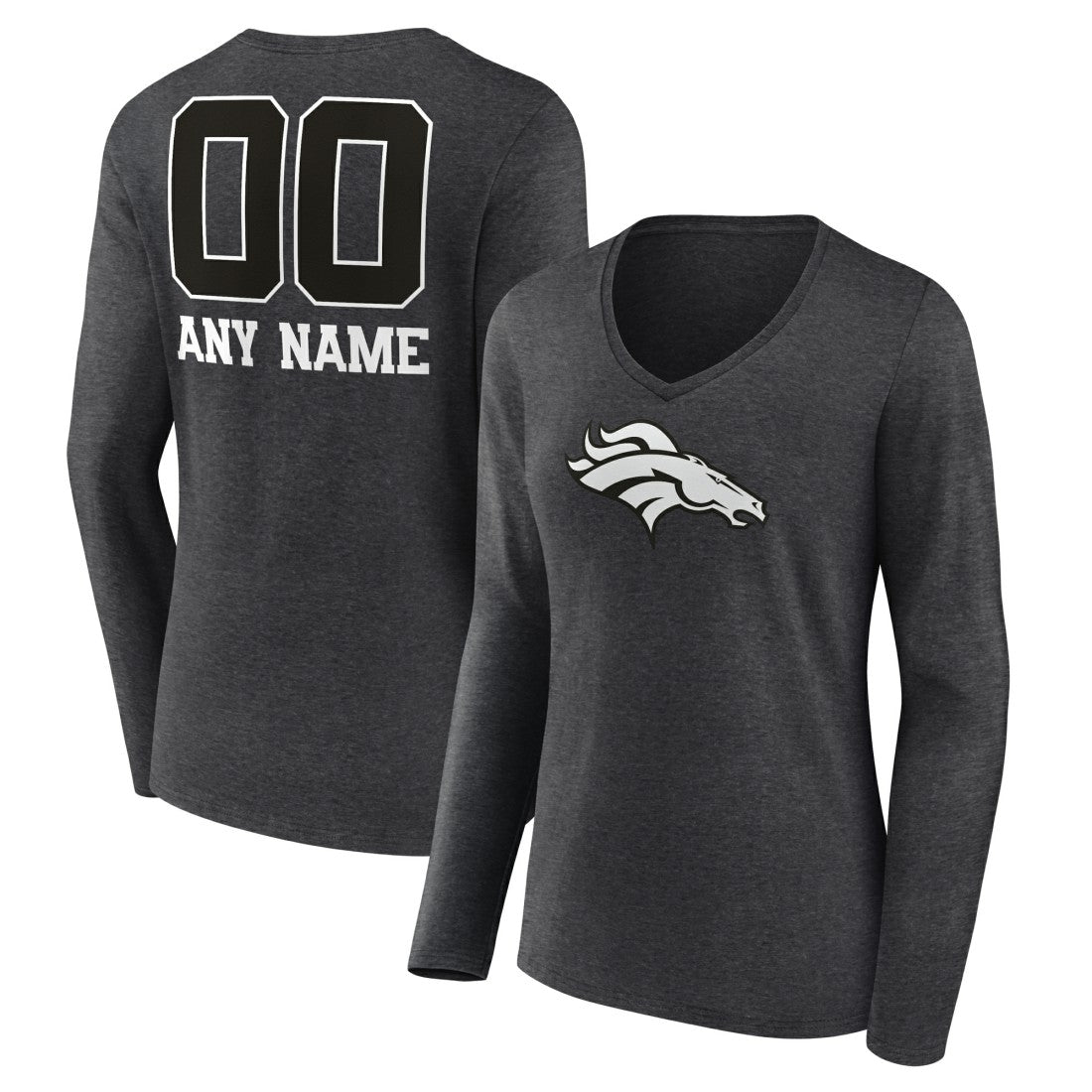 Denver Broncos Women's Personalized Name & Number Monochrome V-neck T-Shirt Charcoal - NFL