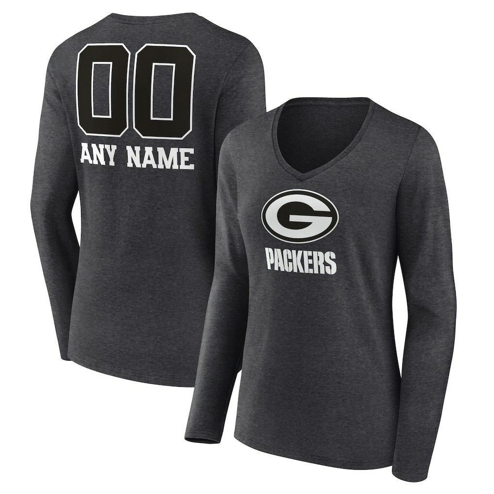 Green Bay Packers Women's Personalized Name & Number Monochrome V-neck T-Shirt Charcoal - NFL