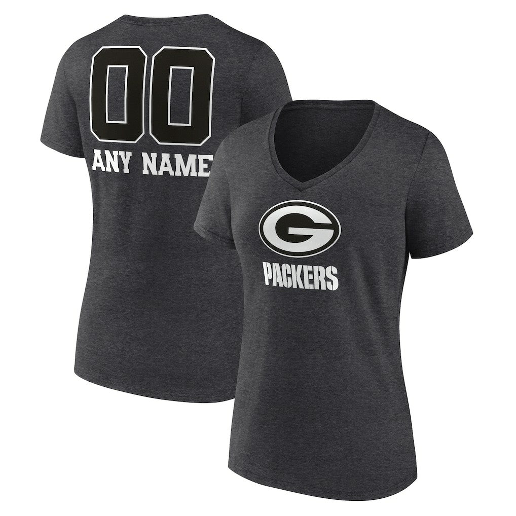Green Bay Packers Women's Personalized Name & Number Monochrome V-Neck Long Sleeve T-Shirt Charcoal - NFL