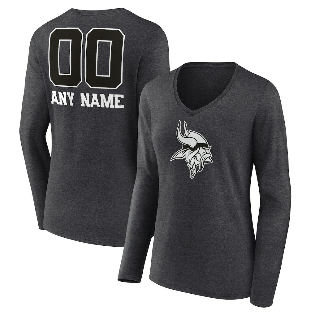 Minnesota Vikings Women's Personalized Name & Number Monochrome V-neck T-Shirt Charcoal - NFL