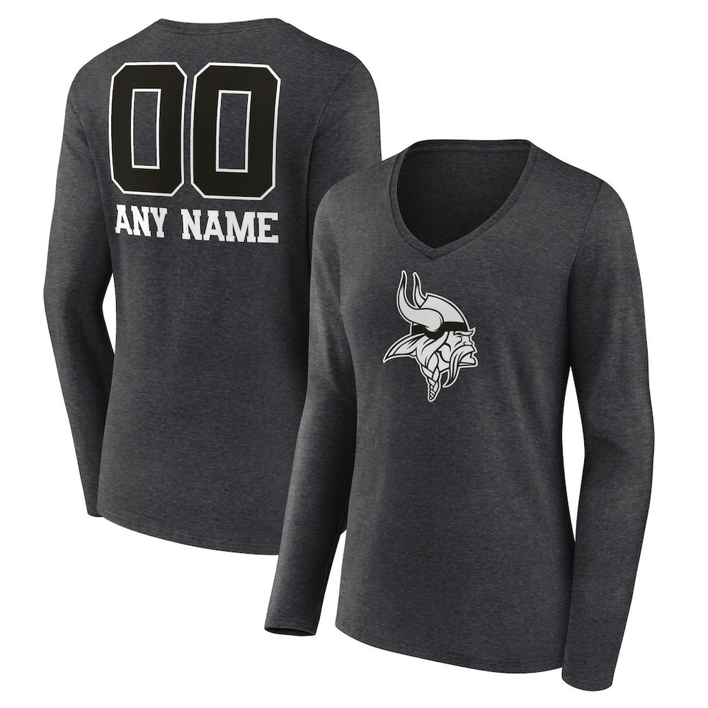 Minnesota Vikings Women's Personalized Name & Number Monochrome V-neck T-Shirt Charcoal - NFL