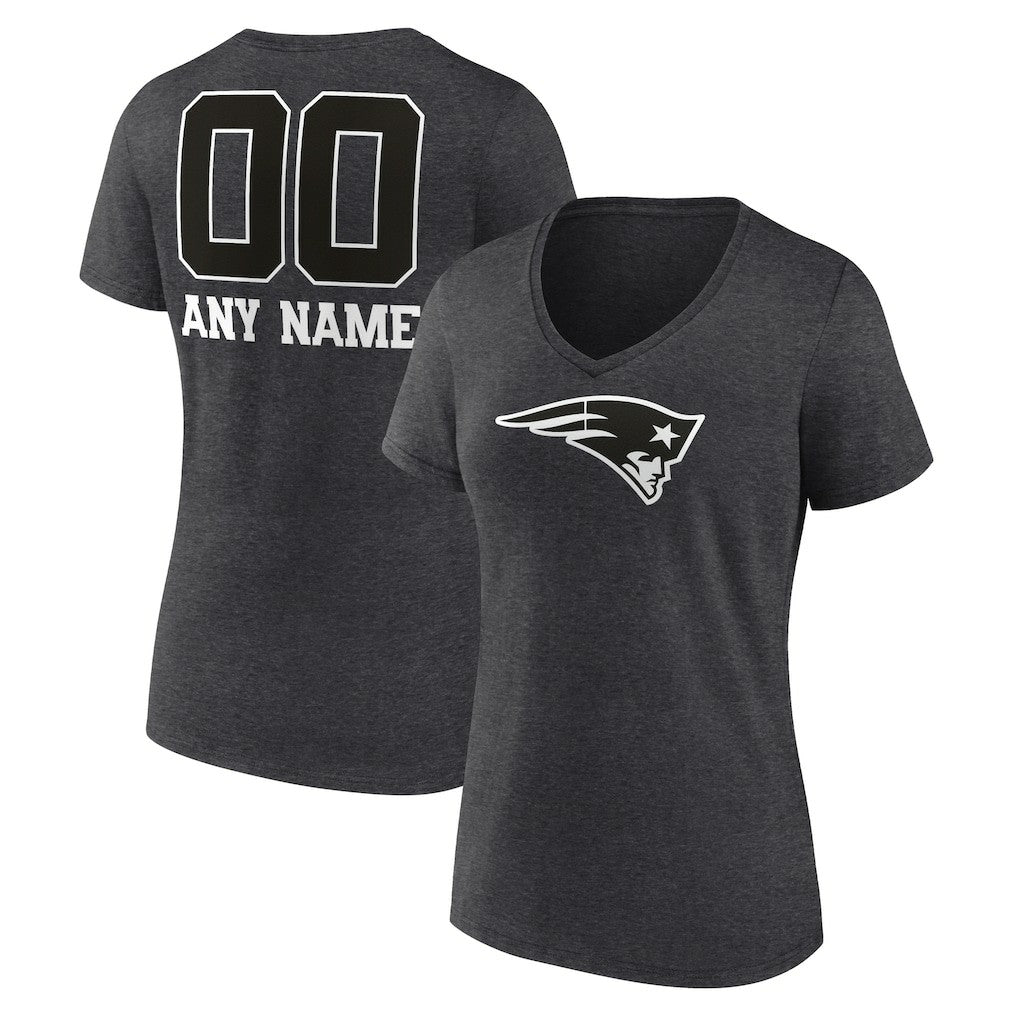 New England Patriots Women's Personalized Name & Number Monochrome V-Neck Long Sleeve T-Shirt Charcoal - NFL