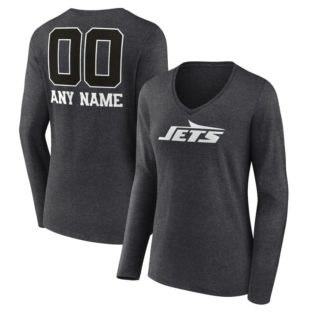 New York Jets Women's Personalized Name & Number Monochrome V-neck T-Shirt Charcoal - NFL