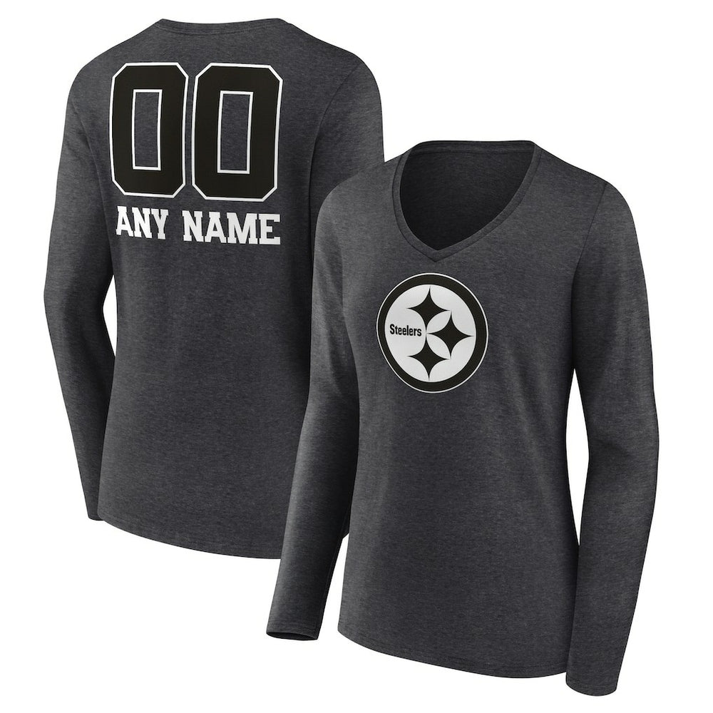 Pittsburgh Steelers Women's Personalized Name & Number Monochrome V-neck T-Shirt Charcoal - NFL