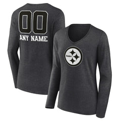 Pittsburgh Steelers Women's Personalized Name & Number Monochrome V-neck T-Shirt Charcoal - NFL