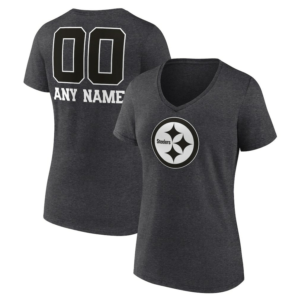 Pittsburgh Steelers Women's Personalized Name & Number Monochrome V-Neck Long Sleeve T-Shirt Charcoal - NFL