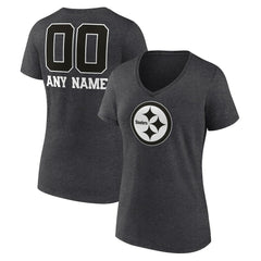 Pittsburgh Steelers Women's Personalized Name & Number Monochrome V-Neck Long Sleeve T-Shirt Charcoal - NFL