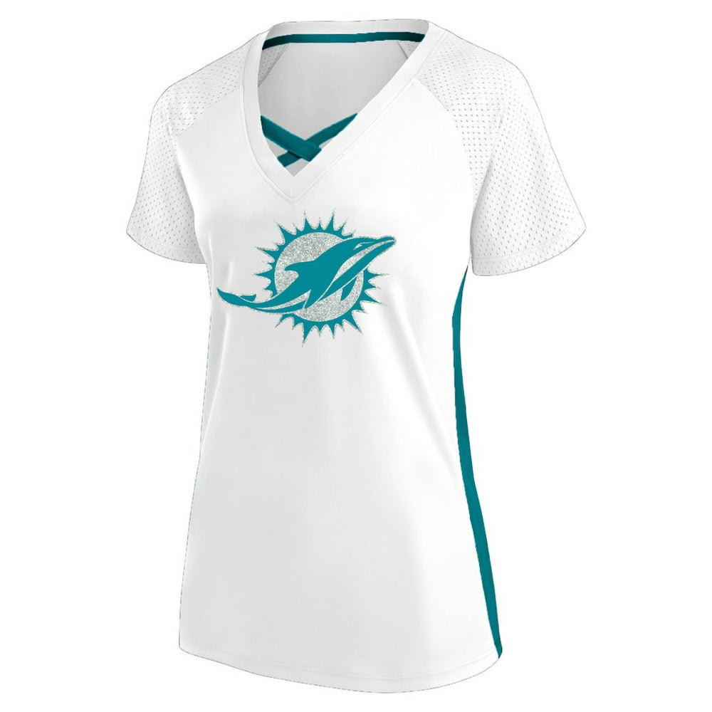 Miami Dolphins Women's Plus Size Glitter Lace-Up V- Neck T-Shirt White - Fanatics