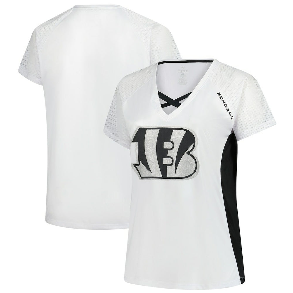 Cincinnati Bengals Women's Plus Size Glitter Lace-Up V- Neck T-Shirt White - Fanatics