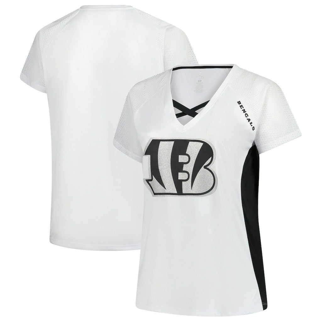 Cincinnati Bengals Women's Plus Size Glitter Lace-Up V- Neck T-Shirt White - Fanatics