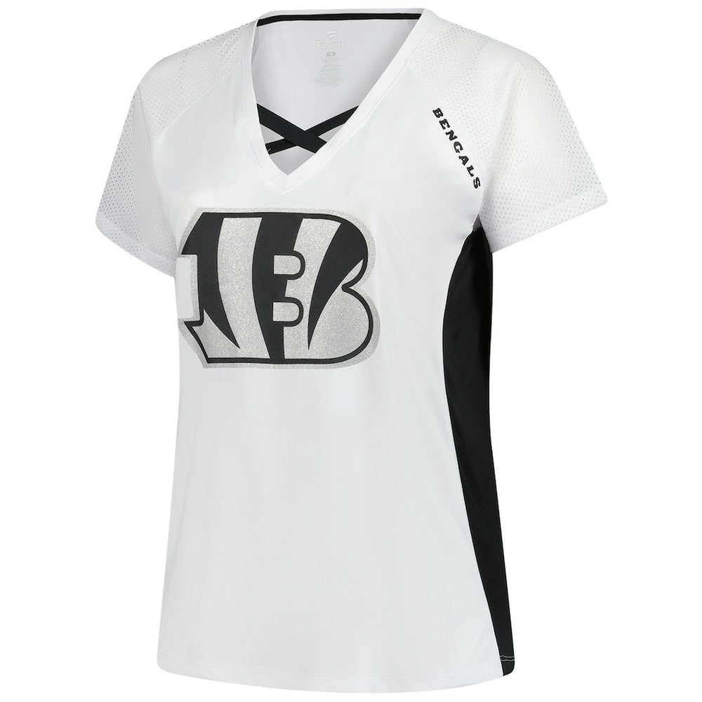 Cincinnati Bengals Women's Plus Size Glitter Lace-Up V- Neck T-Shirt White - Fanatics