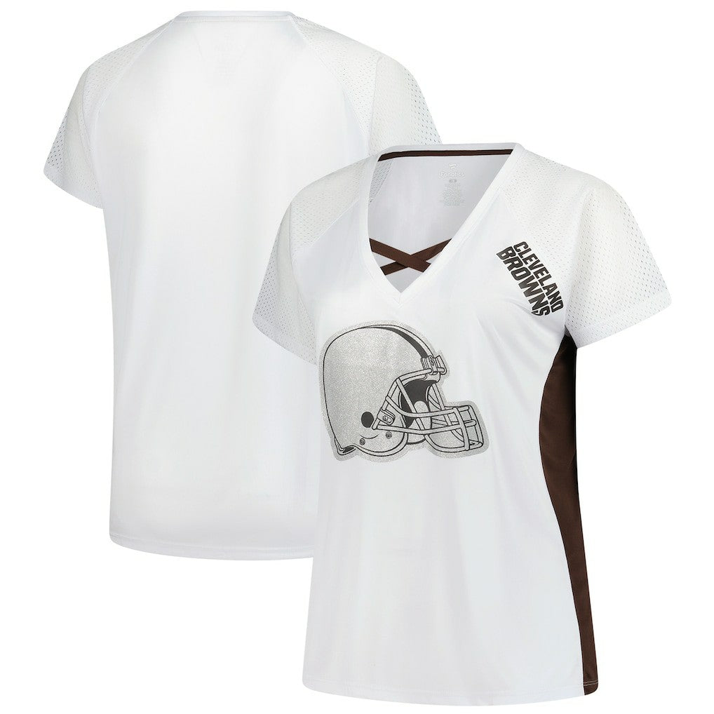 Cleveland Browns Women's Plus Size Glitter Lace-Up V- Neck T-Shirt White - Fanatics