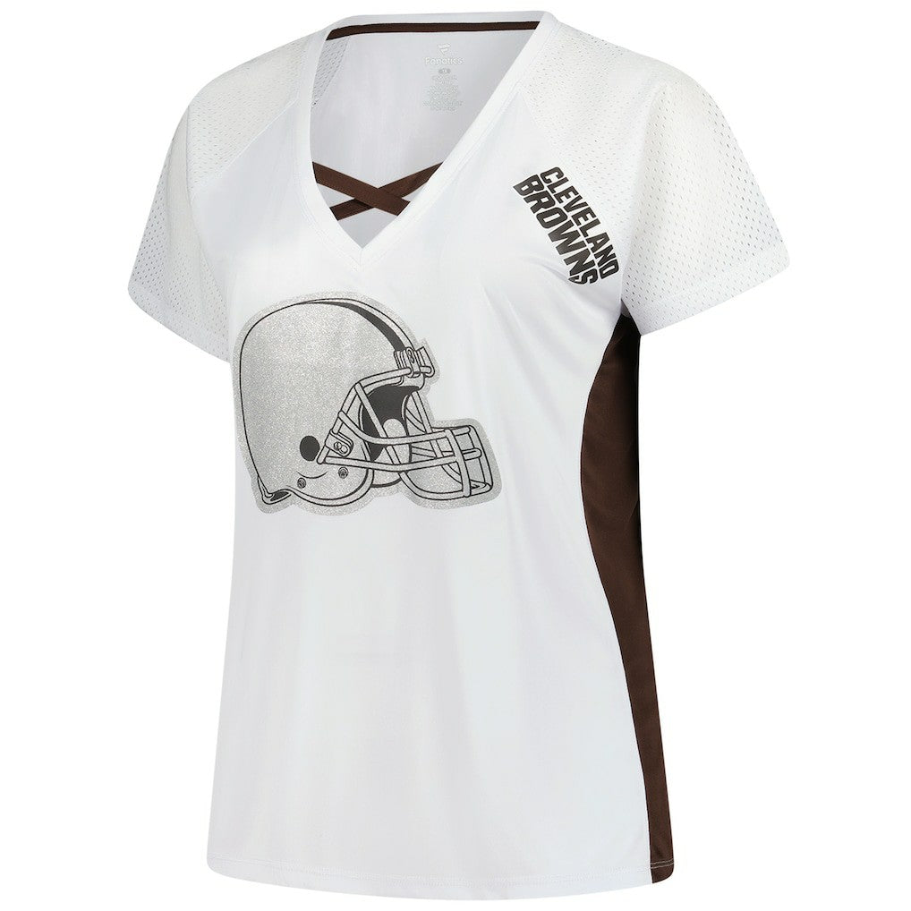 Cleveland Browns Women's Plus Size Glitter Lace-Up V- Neck T-Shirt White - Fanatics