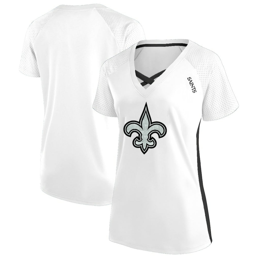 New Orleans Saints Women's Plus Size Glitter Lace-Up V- Neck T-Shirt White - Fanatics