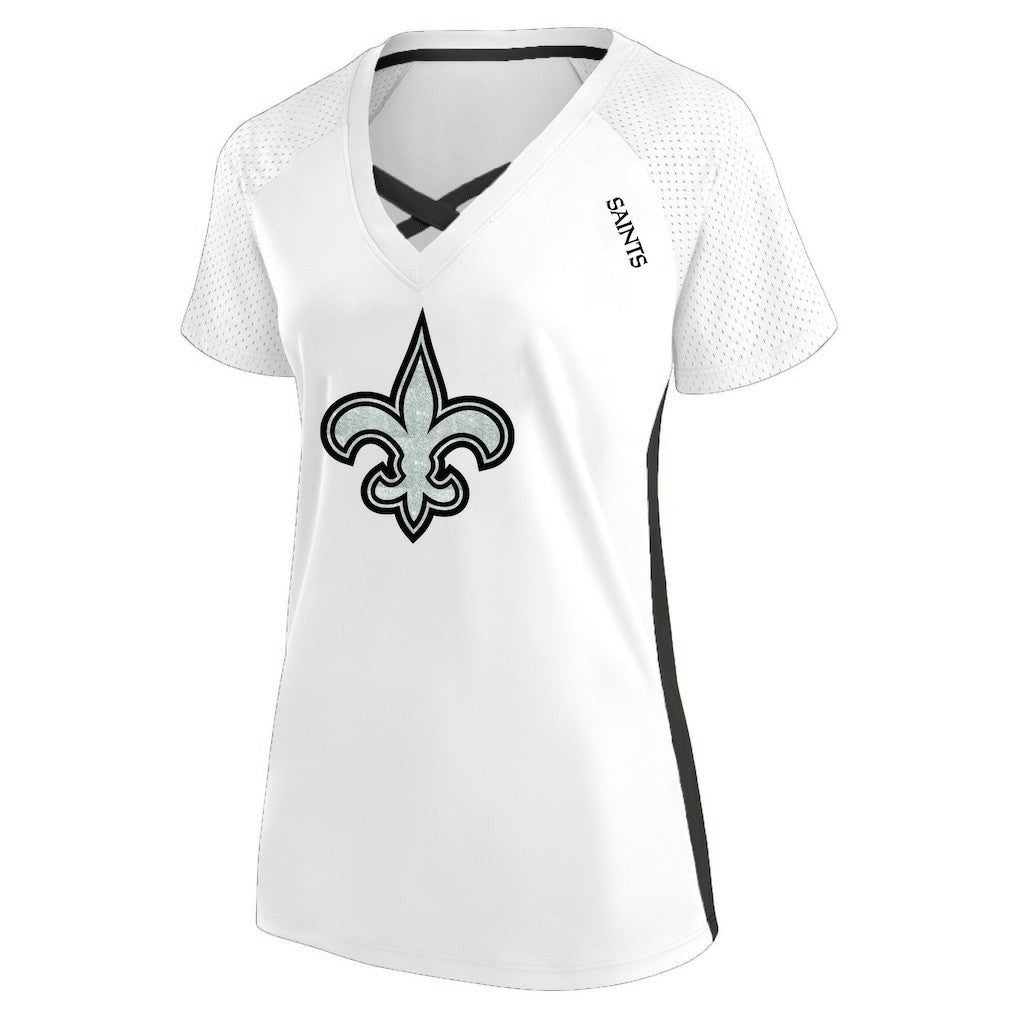 New Orleans Saints Women's Plus Size Glitter Lace-Up V- Neck T-Shirt White - Fanatics