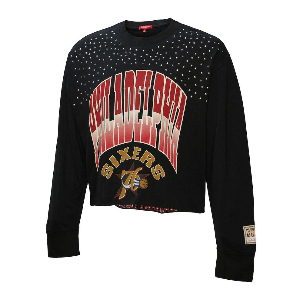 Mitchell & Ness - Philadelphia 76ers Women's Hardwood Classics Studded Boxy Cropped Long Sleeve T-Shirt - Black