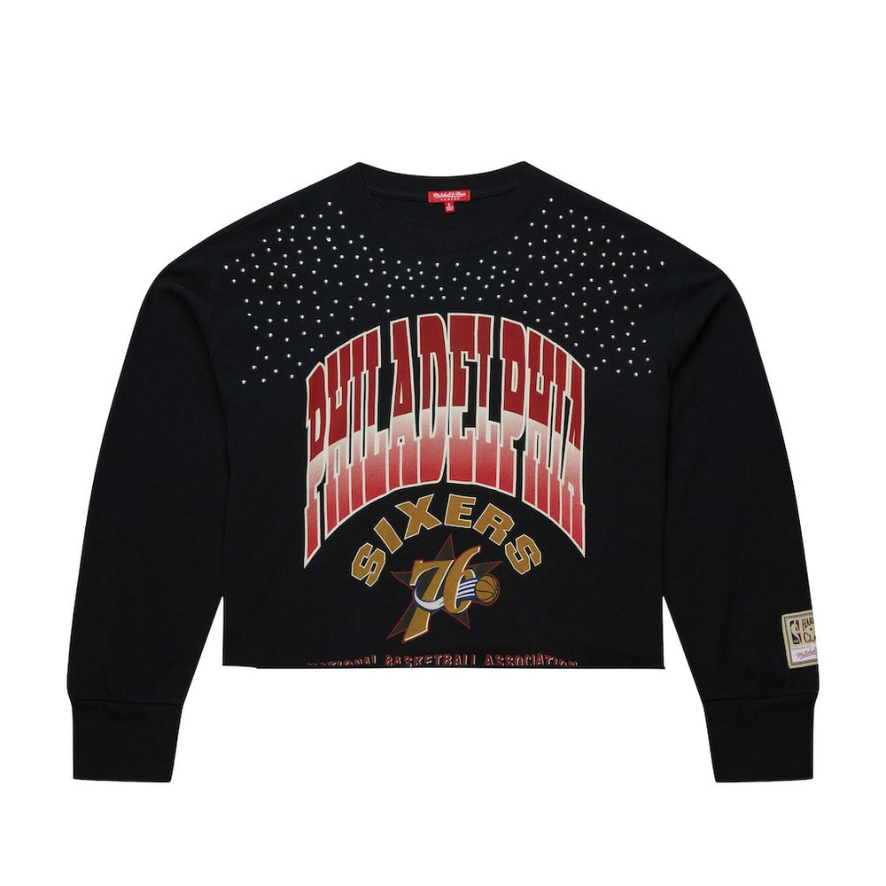 Mitchell & Ness - Philadelphia 76ers Women's Hardwood Classics Studded Boxy Cropped Long Sleeve T-Shirt - Black